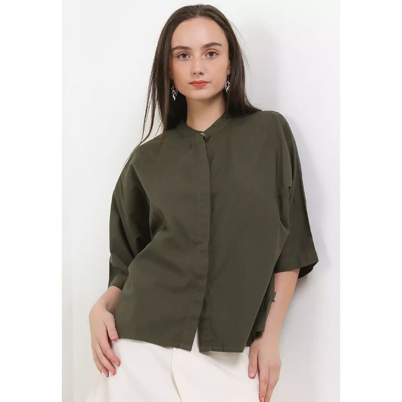 KC808 KEMEJA KATUN BLOUSE WANITA LOIS ORIGINAL Kerah SANGHAI WARNA OLIVE