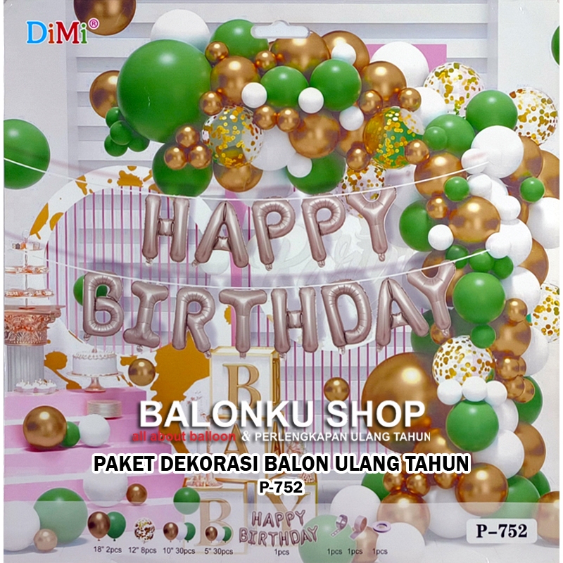Paket Dekorasi Balon Ulang Tahun / Balon Set Hijau Tua Putih Gold