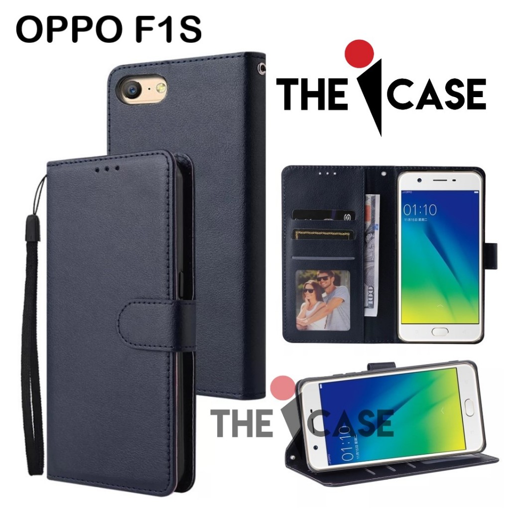 Casing OPPO F1S model flip buka tutup case kulit ada tempat foto dan kartu juga tali hp flip cover
