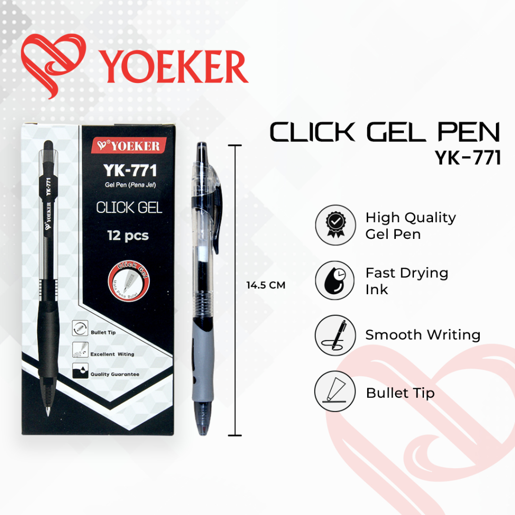 

(1 BOX) Gel Pen Click Cetek Mekanin 771 Yoeker Hitam Biru Merah Klik Pen