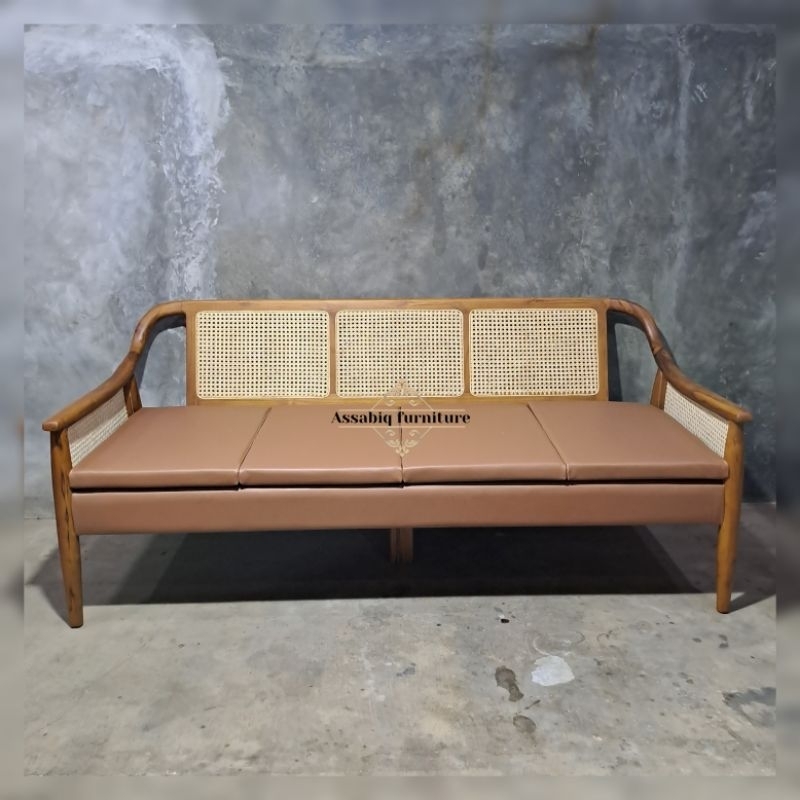 Sofa kayu jati vintage kombinasi rotan alami - sofa indoor / outdoor kayu jati berkualitas