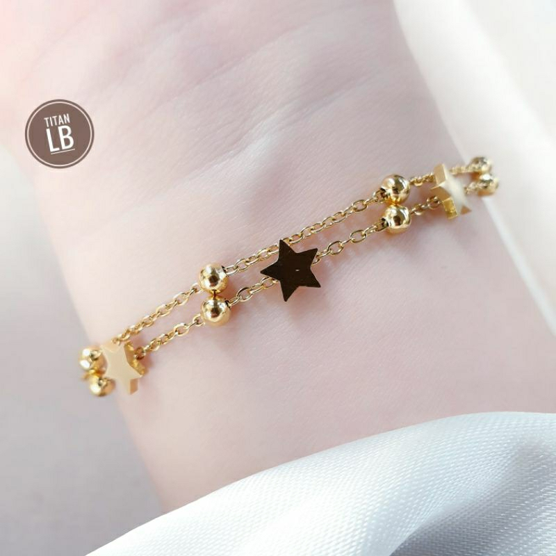 Gelang Tangan Rantai 2 Layer Biji Lada Bintang Gold Titanium Fashion