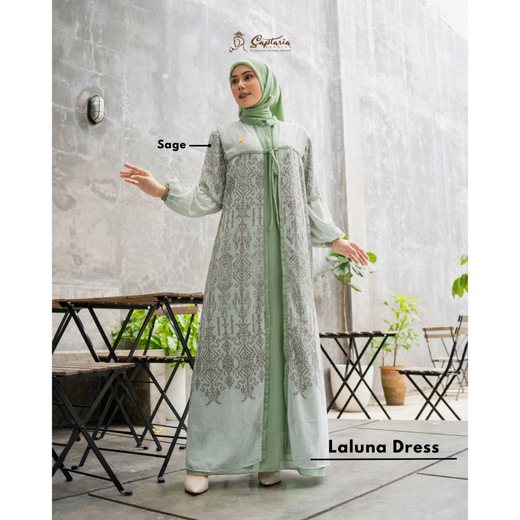 LALUNA DRESS Gamis bahan ceruty motif mix ceruty polos kondangan pesta by Saptaria