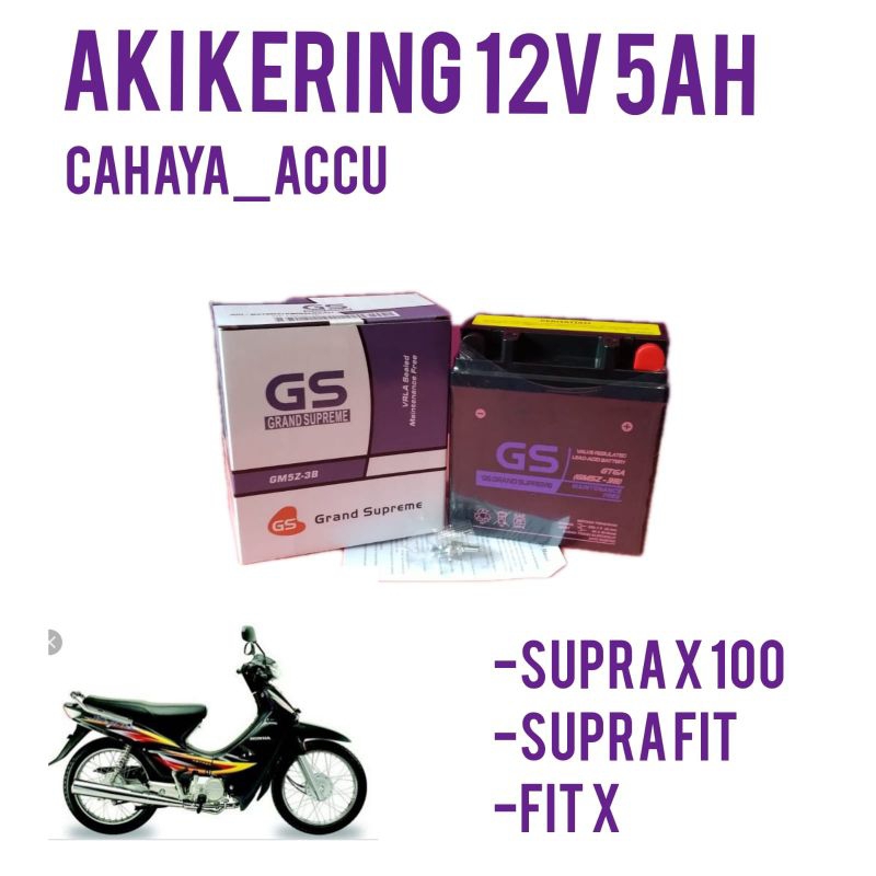 Aki motor suprax 100, supra xx, supra fit, fit x, fit s aki gs grand supreme gm5z -3b aki kering 12v