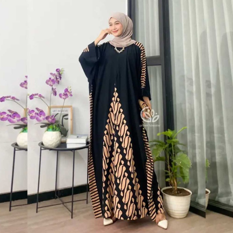 Kaftan Wanita - Daunda Kaftan Size Jumbo XXXXL Motif Daun Lengan Panjang Busui Resleting by Nadira_Fashion / Gamis Rayon Jumbo Kaftan Terbaru-JOGJA BLACK