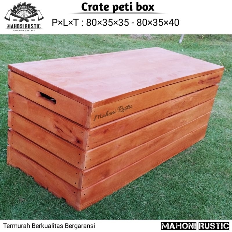 wooden crate peti kayu tempat penyimpanan + tutup box kayu 80×35×35-40