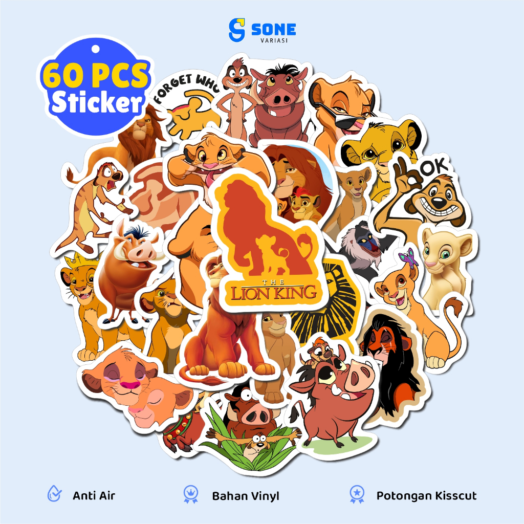 

60PCS Stiker The Lion King / Vinyl Waterproof Anti Air / Sticker Kartun Buku Journal Koper Motor Casing HP Laptop Tumbler Botol Minum Sepeda IPad Tablet Polaroid Kulkas