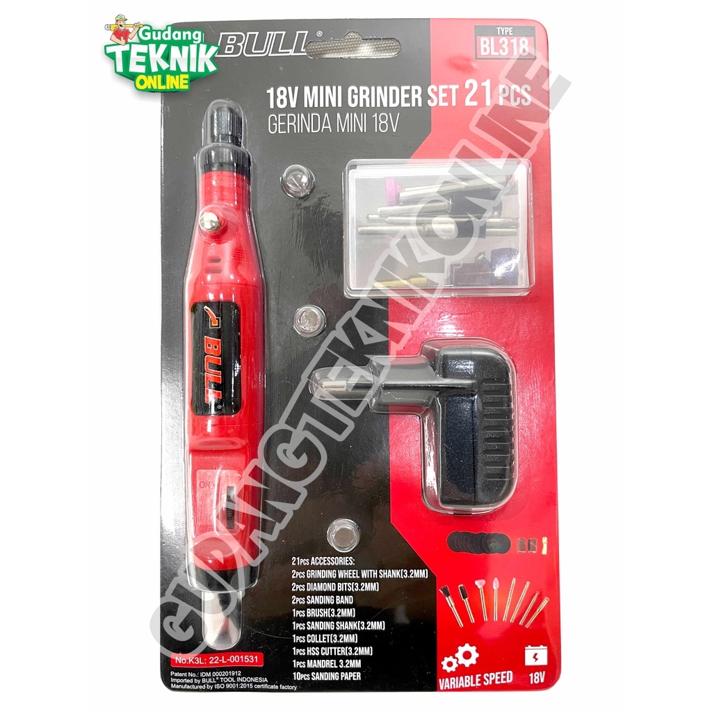 (BL-318 BULL) Mini Die Grinder Set 21pcs BL318 BULL 18V BLISTER / Alat Gerinda Bor Tuner Gerinda Min