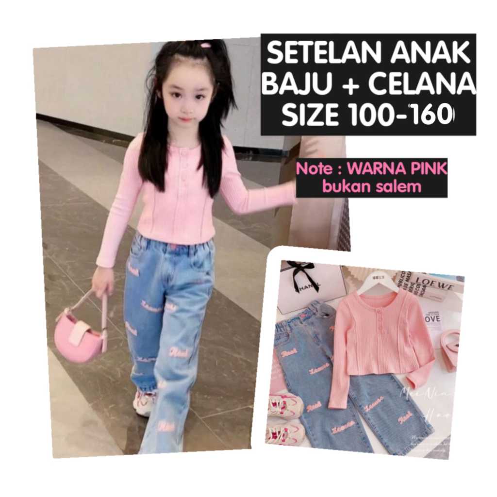(LC-JKT) BS- 516 SETELAN ANAK PINK KANCING CELANA JEANS BORDIR SIZE 100-160