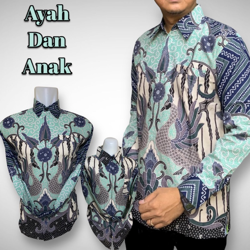 HIJAU MINT BURUNG,Batik couple ayah dan anak lengan panjang lapisan furing katun hero WARNA HIJAU