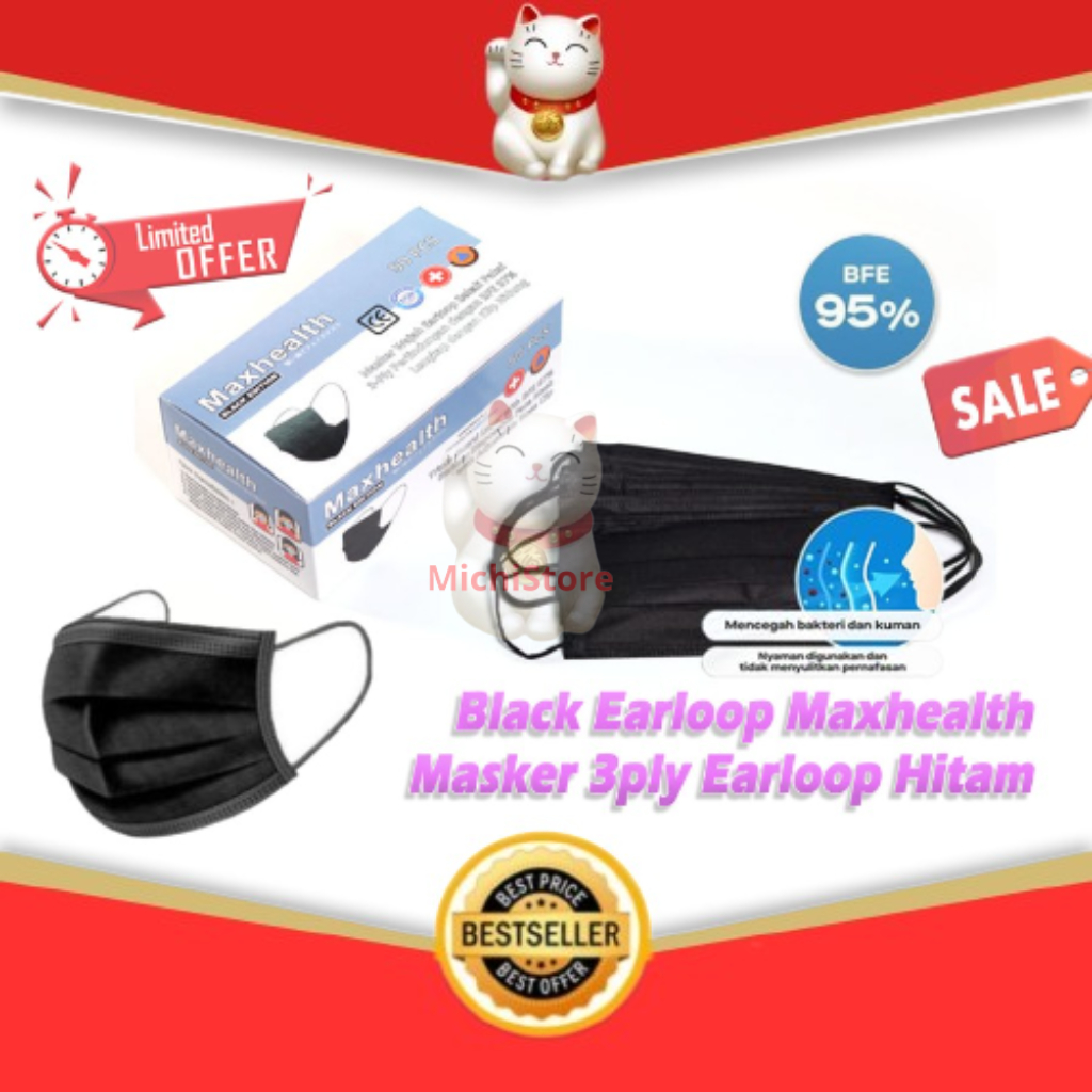 MU - Black Earloop Maxhealth Masker 3ply Earloop Disposable Mask Hitam