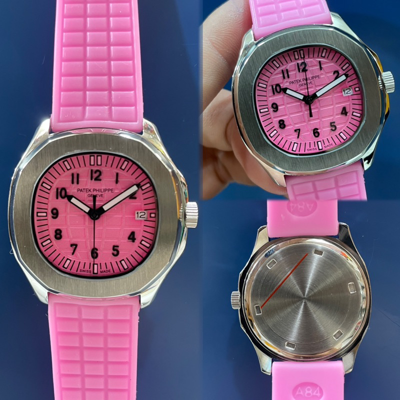 JAM TANGAN WANITA PATEK PHILIPPE AQUANUT LADIES KARET PINK SILVER PREMIUM JAPAN AAA TANGGAL AKTIV #J
