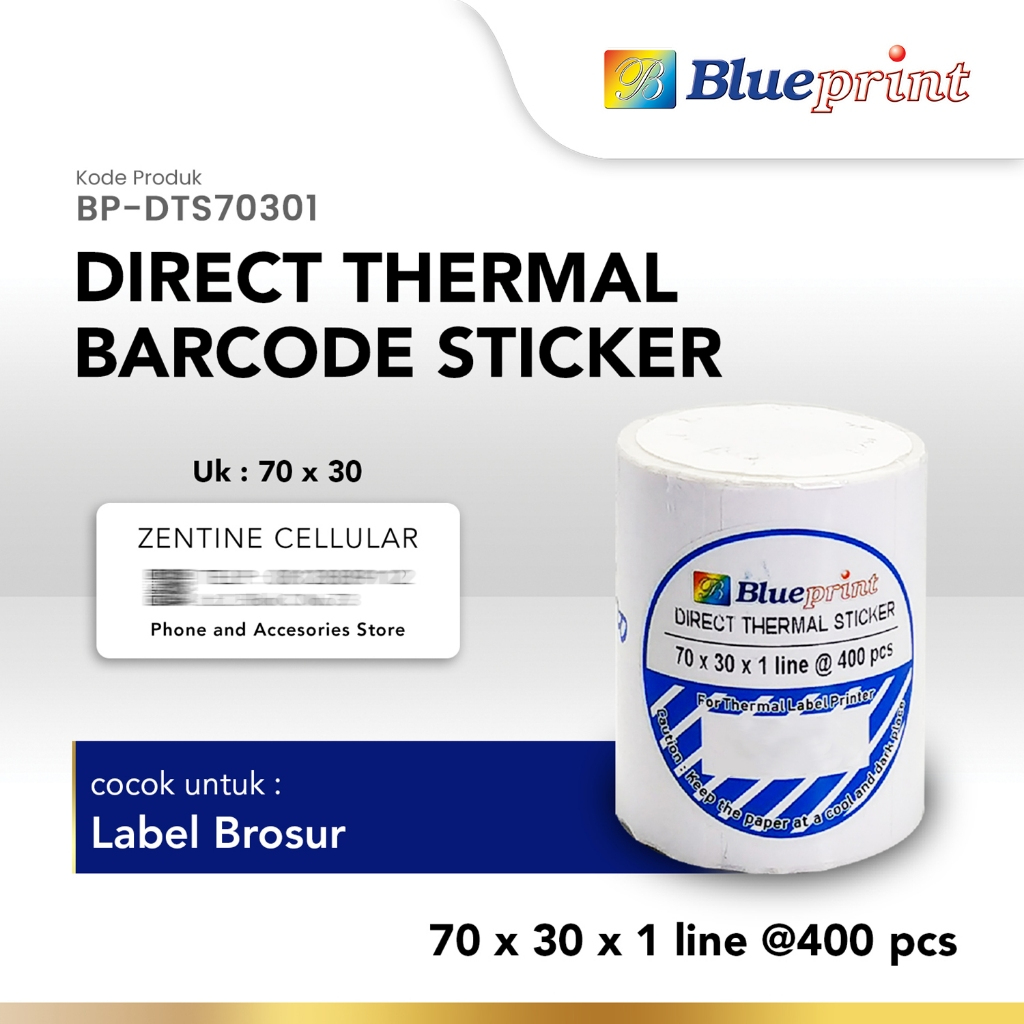 

Direct Thermal Label Stiker 70 x 30 BLUEPRINT 70x30 mm 1 Line Isi 400 - 1 Roll