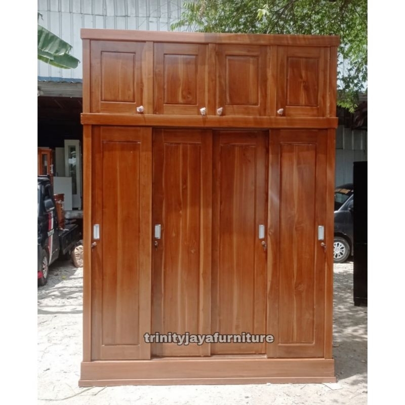 Lemari Pakaian 4 Pintu Sliding Tingkat Kayu Jati/trinityjayafurniture