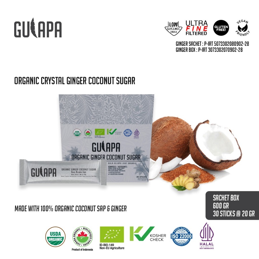 

Gulapa - Gula Kelapa Jahe Organik (Organic Crystal Ginger Coconut Sugar) Sachet Box 600 Gr