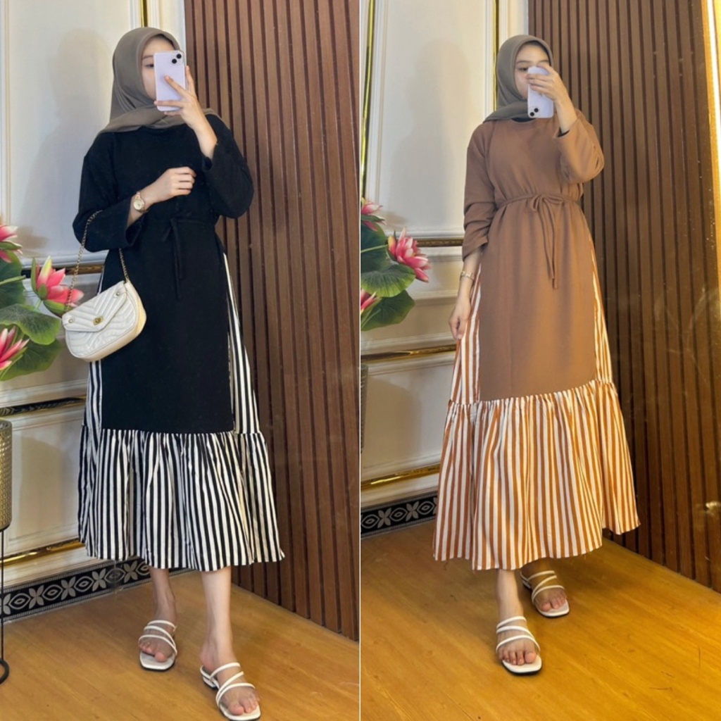 Saudia Midi Dress Knit Salur Kombinasi Rayon Motif Salur - Dress Muslim Kekinian - Viral Terbaru Kek