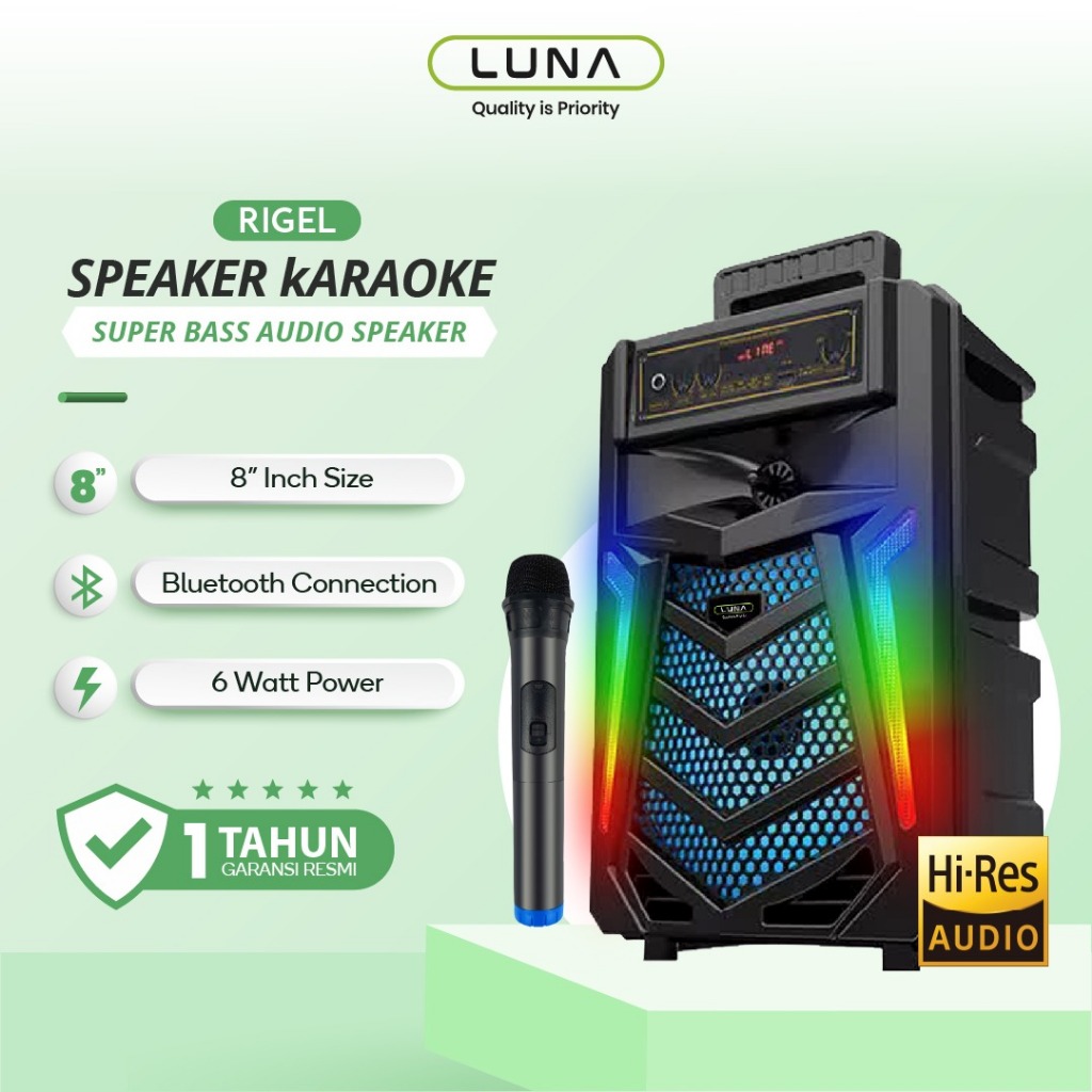 Luna Speaker 8 Inch TWS Mic Karaoke Bluetooth Black With LED Lamp Support TWS Stereo