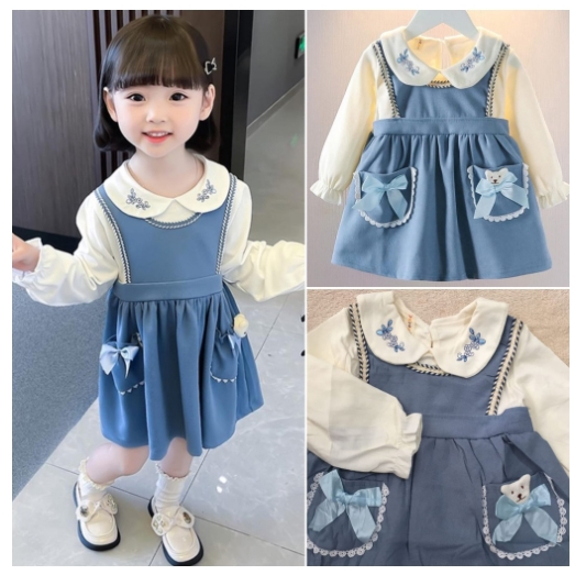 Dress bayi import premium lengan panjang gaun teddy bear anak lembut putih biru katun