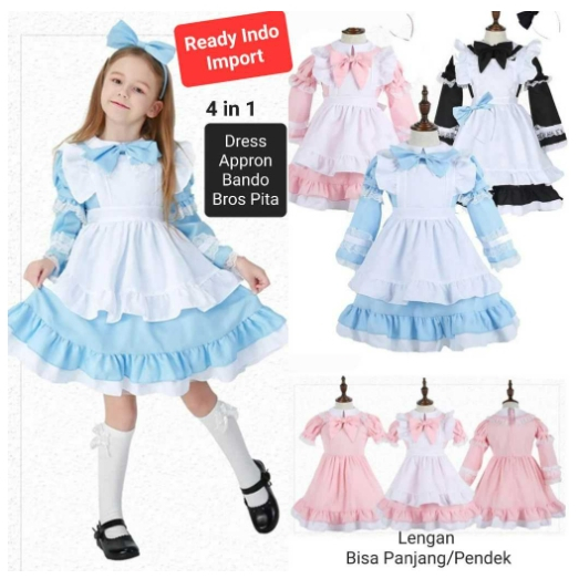Kostum Alice in wonderland anak pelayan maid biru pink hitam import lengan panjang pendek lolita dre