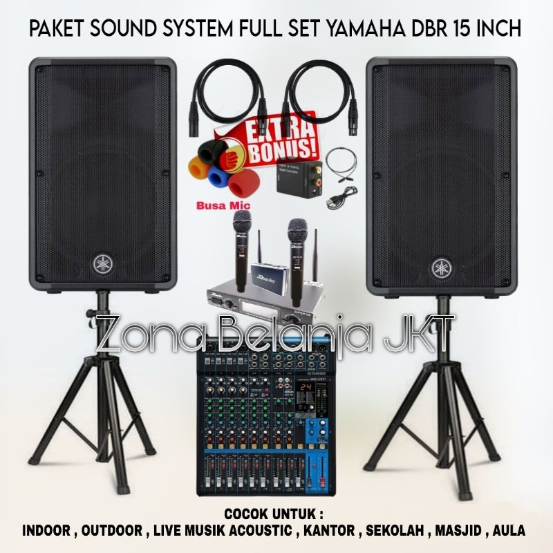 PAKET SOUND SYSTEM INDOOR OUTDOOR FULL SET SPEAKER YAMAHA DBR 15 INCH AKTIF MIXER YAMAHA 12 CHANNEL 