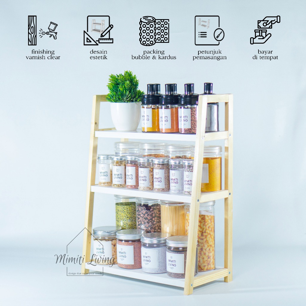 Rak Bumbu Estetik / Rak Bumbu Dapur Kayu 3 Susun Jumbo / Rak Susun serbaguna