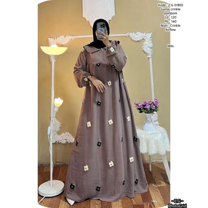 gamis crinkle bunga pom pom
