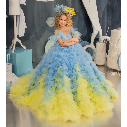 Flower girl dress, Tulle flower girl dress, Lace flower girl dress, Yellow Blue flower girl dress, W