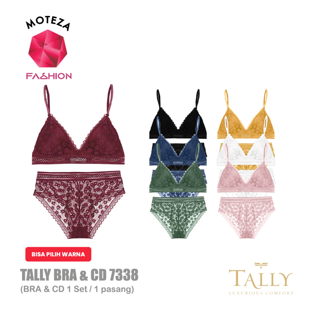 Tally 7338 Bra BH Set CD Wanita | Busa Tipis Cup A - B |  Tanpa Kawat | Kait 2 | Size 34 - 38 | Free