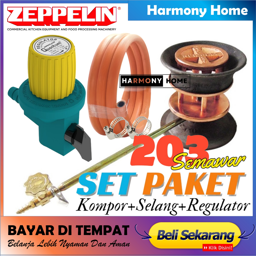 Paket Kompor Zeppelin ZPL 203 +Selang Gas Oren+Regulator Quantum Non Meter Semawar Tekanan Tinggi Ko