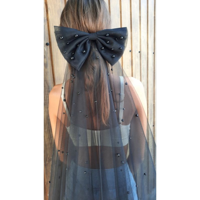 Jepitan rambut black tulle mutiara/wedding veil kerudung pengantin slayer polos waist length panjang