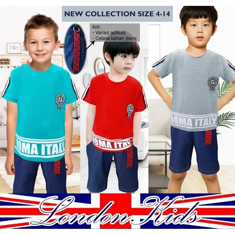 LONDON KIDS - Setelan Anak Laki-laki Baju Lengan Pendek + Celana Jeans Pendek LK B56-522