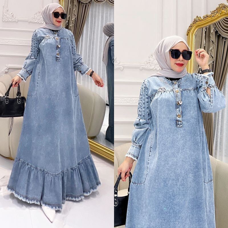 Baju Gamis. Dress Wanita. Fashion Muslim. Baju Kondangan, Gamis Jeans. Mentari dress jeans