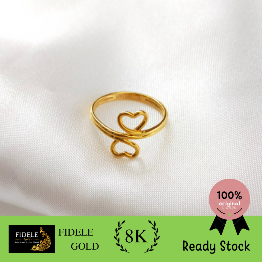 Cincin Hati tumpuk emas asli 8K emas kuning cincin spiral emas muda 375
