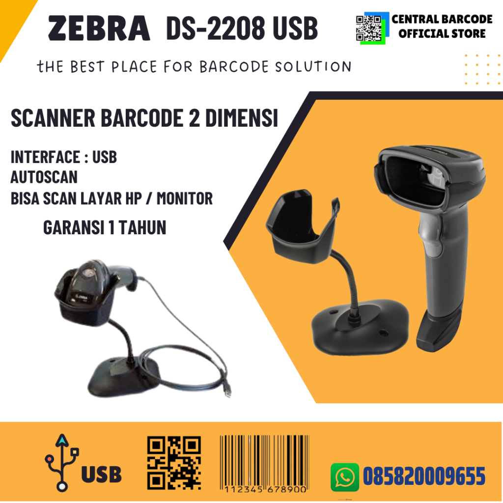 ZEBRA Barcode Scanner Symbol DS2208 Scanner Barcode DS 2208 1D 2D USB