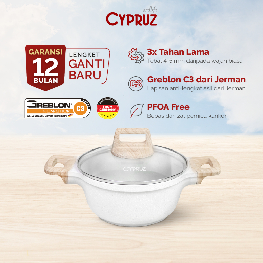 Cypruz Casserole Pan Stock Pot Panci Anti Lengket White Granite Diecast