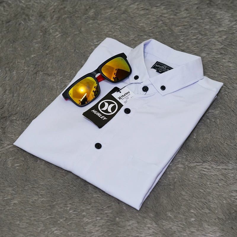 Kemeja Polos Pria putih Lengan Pendek Bahan Katun Poplin Oxford Slimfit Hurley