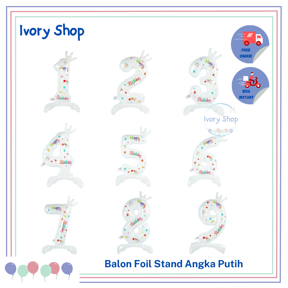 Balon Foil Angka Putih Medium Happy Birthday ada Dudukan Stand 0-9 60cm new model