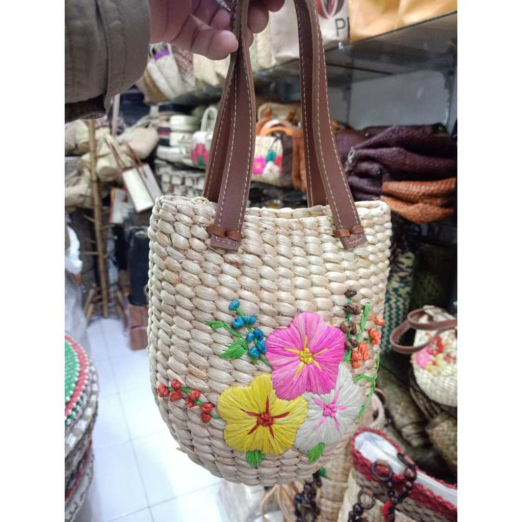 Tas Enceng gondok sulam bunga Tas unik Anyaman Enceng