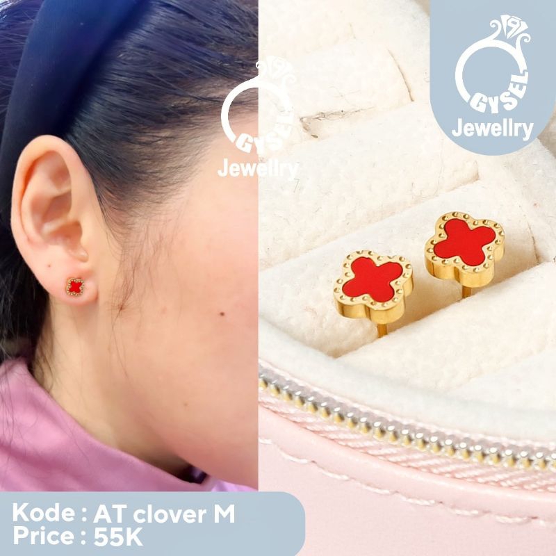 AT Clover M - Anting Tusuk Giwang Titanium Bunga Merah Gold