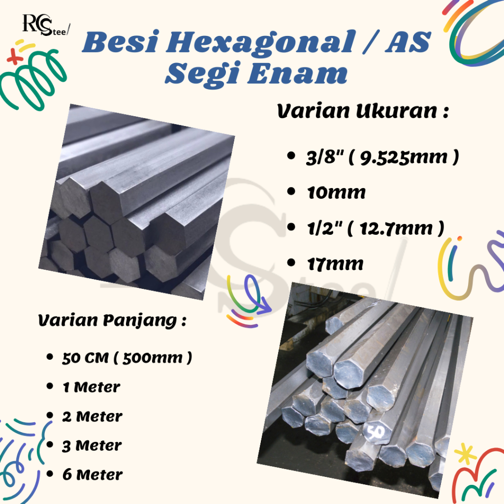 Besi AS Hexagonal / As Segi Enam Diameter 10mm x 2 Meter