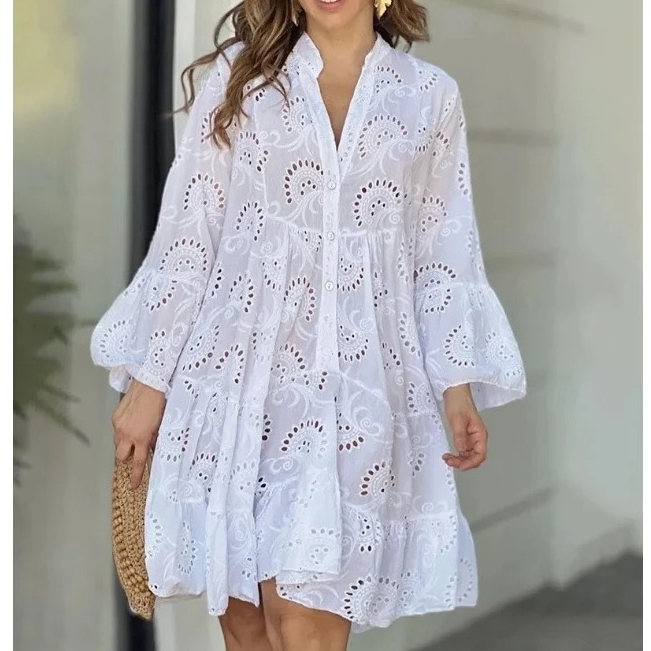 Mini Dress Jumbo Big Size Lace Putih Baju Pantai Casual Wanita White Beachwear V Neck Rok Ruffle Len
