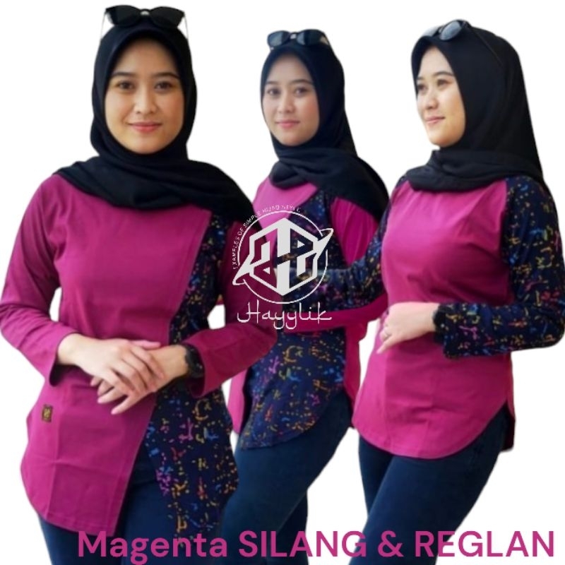 Hayylik kaos wanita silang & reglan motif bunga bercak print elegan modis muslimah modern senam aero