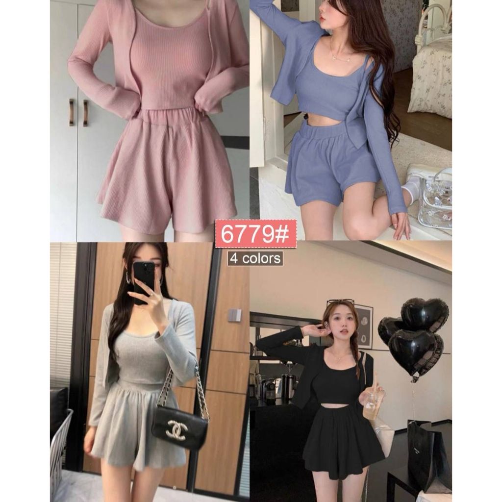 ONE SET 3IN1 CELANA PENDEK HP POLOS MIX TANGTOP CROP AND OUTER CROP LENGAN PANJANG POLOS NO BUTTON P