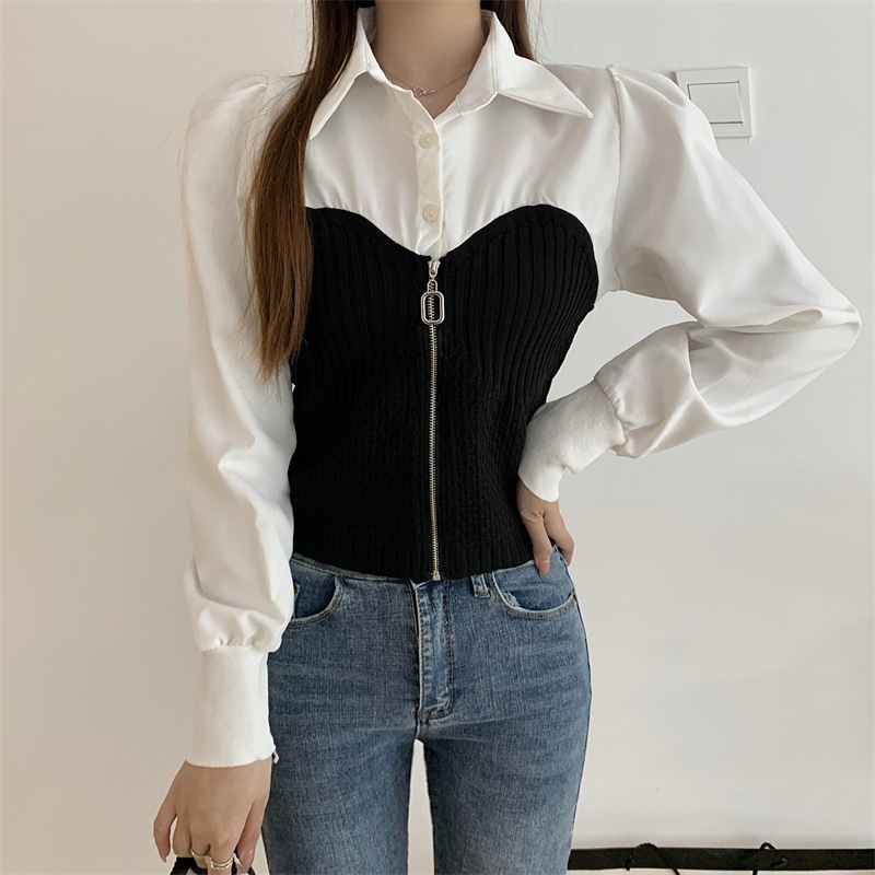 [TTEUDA] Blouse Knit Kombi Katun Polos Kemeja Kerah Crop Top Lengan Panjang | Kemeja Crop Top Cotton