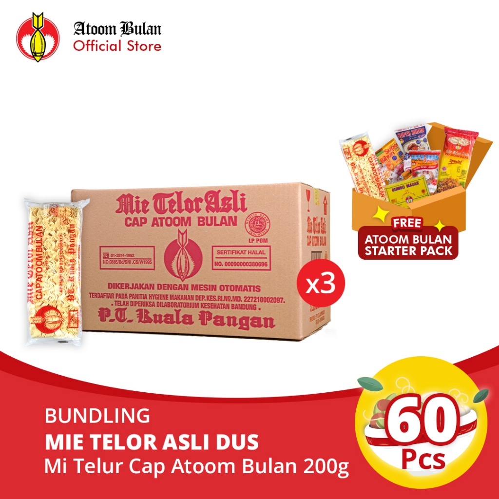 

Mie Telor Asli Cap Atoom Bulan 3 dus (1 Dus - isi 20 pcs) FREE Atoom Bulan Starter Pack