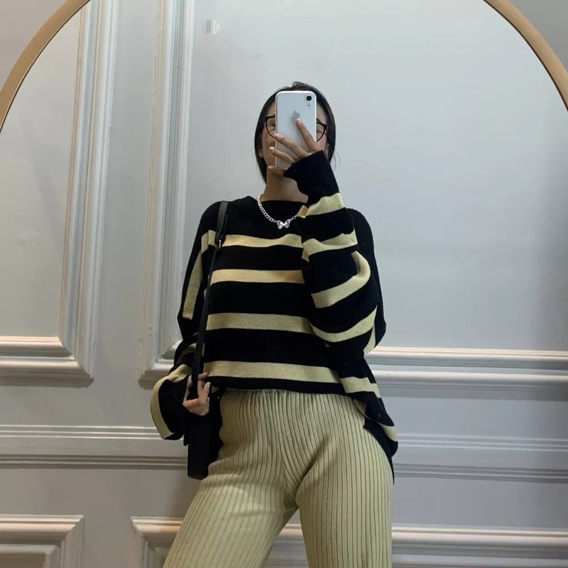 MAUDY RAJUT Oversize Sweater Rajut Garis Knit Korean Style atasan rajut maudy