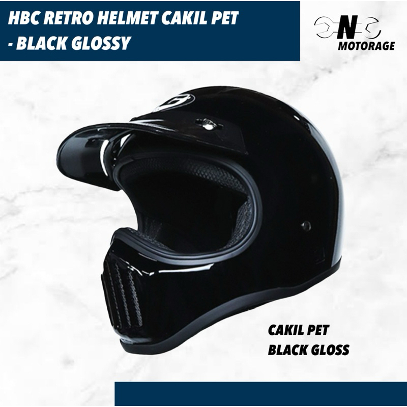 Helm Motor HBC Cakil Pet Full Face Retro - Black Glossy / Hitam Gloss