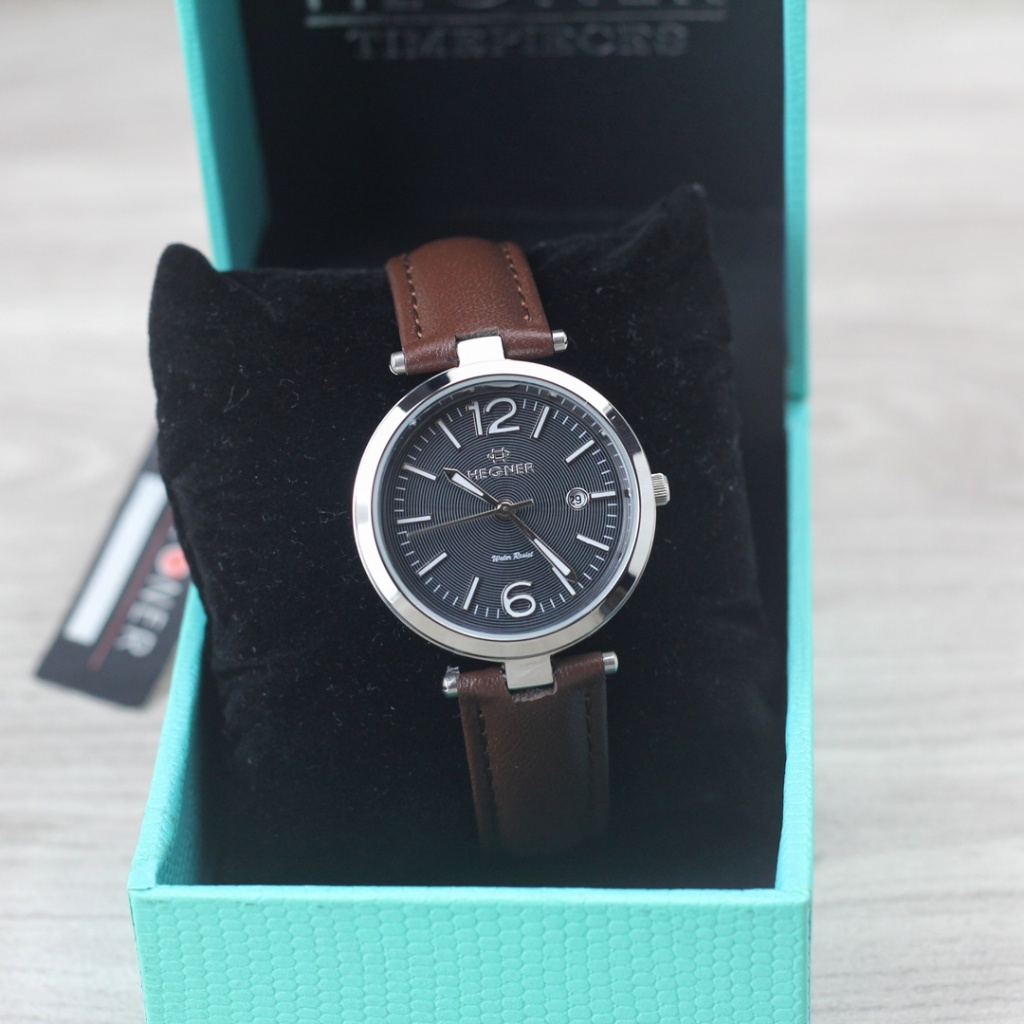 Jam tangan Hegner 414L tali kulit tanggal aktif original Wanita