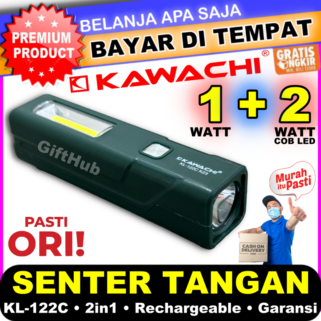 Senter Tangan Mini 2 in 1 Kawachi Kl-122C LED Hemat Energi Isi Ulang USB Rechargeable Cas 1000 mAh T