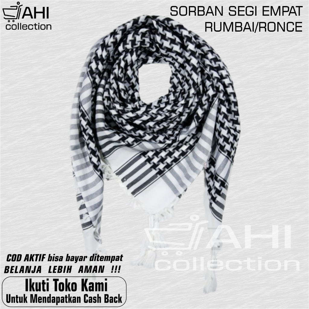SORBAN PALESTINA PUTIH HITAM ALMINA, SORBAN SHEMAGH RUMBAI ALMINA MOTIF JAGUNG SURBAN RONCE HAJI SEG